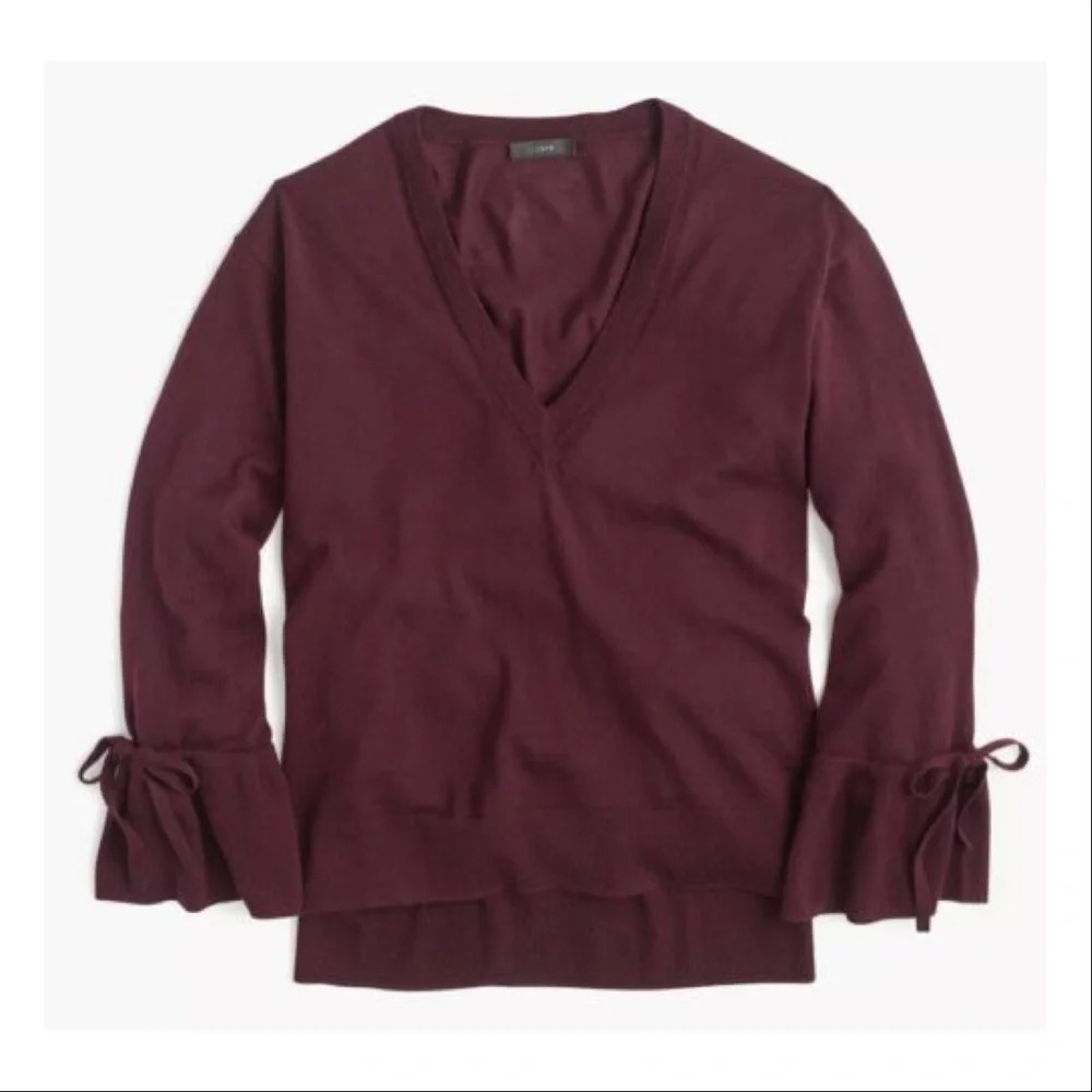 NWT J.Crew Merino Wool Burgundy V-Neck Tunic Sweater Drawstring Cuff Bell Sleeve
